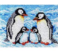 Penguin Family Latch Hook Kits Rug DIY Cushion Tapestry Making Crochet Hook Rug Making Kits with Color Preprinted Pattern Canvas Rug Cushion Carpet Needlework Crochet Kits 52x38cm