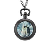 Penguin Family Pocket Watch Vintage Quartz Pocket Watches with Chain for Men Women Black-Style