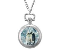 Penguin Family Pocket Watch Vintage Quartz Pocket Watches with Chain for Men Women Silver-Style