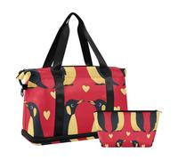 Penguin Gold Red Valentine Tote Bag Weekend Bag with Toiletry Bag for Trekking Large Capacity, penguin gold red Valentine, One Size