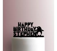 Penguin Happy Birthday Name - Acrylic Cake Topper 6 Inch Width/Brown