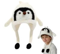 Penguin Hat with Moving Ears, Animal Plush Hat Jumping Animal Cap Penguin Earflap Cap Floppy Ears Hats Winter Warm Caps for Winter Christmas Carnival Birthday Cosplay Dress up Party Gift (White)