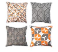 Penguin Home Set of 4 100% Slub Cotton Fabric Cushion Covers 45cm x 45cm Double Sided Square Pillow Covers with Invisible Zipper Pillow Cases for Living Room, Bedroom, Sofa (Grey/Orange)