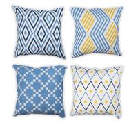 Penguin Home Set of 4 100% Slub Cotton Fabric Cushion Covers 45cm x 45cm Double Sided Square Pillow Covers with Invisible Zipper Pillow Cases for Living Room, Bedroom, Sofa (Navy Sky/Yellow)