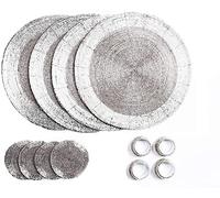 Penguin Home Handcrafted Glass Beaded Round Placemats, Coasters & Napkin Rings Set of 12 - Handmade Table Place Mats for Dining - 32 cm (13") Diameter (Silver)