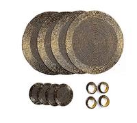 Penguin Home Handcrafted Glass Beaded Round Placemats, Coasters & Napkin Rings Set of 12 - Handmade Table Place Mats for Dining - 32 cm (13") Diameter (Antique Gold)