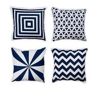 Penguin Home Set of 4 100% Slub Cotton Fabric Cushion Covers 45cm x 45cm Double Sided Square Pillow Covers with Invisible Zipper Pillow Cases for Living Room, Bedroom, Sofa (White/Navy Mix)