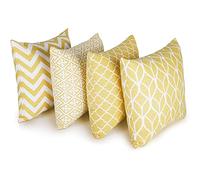 Penguin Home Set of 4 100% Slub Cotton Fabric Cushion Covers 45cm x 45cm Double Sided Square Pillow Covers with Invisible Zipper Pillow Cases for Living Room, Bedroom, Sofa (Yellow)