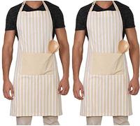 Penguin Home Unisex Striped 100% Cotton Apron, Adjustable Neck Strap, Chef Quality, Heavy Duty, Large Pocket, 70x90cm - Set of 2 - Beige