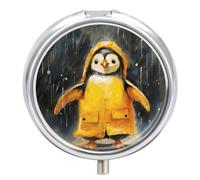 Penguin in A Raincoat Pill Box 3 Compartment Travel Pill Organizer 3 Times A Day Cute Mini Pill Case for Purse & Pocket Portable Metal Medicine Box with Mirror Round Daily Medicine Vitamin Container