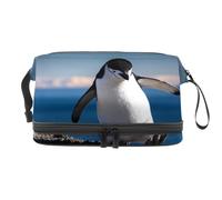 Penguin in Antarctica Double Layer Cosmetic Bag for Women and Girls, Travel Toiletry Bag Makeup Handy Pouch Organiser Bag with Brush Compartment