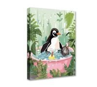 Penguin in Bathtub Jungle Animal 1P Canvas Room Wall Creative Pictures Animal Poster Prints Bathroom Penguinr Artwork Home Decor for Living Room Framed Gallery-Wrapped Ready to Hang 12x16inch