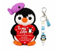 Penguin Love You Gifts for Partner, Handmade Crochet Knitted Plush Toy Set with Romantic Heart Message and Matching Keyring, Birthday Christmas Anniversary Valentine’s Day Present for Wife Husband