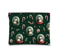 Penguin Makeup Bag, Christmas Snow Globe Cosmetic Travel Pouch for Women, Portable Small Canvas Zipper Organizer, Holiday Skincare Toiletry Bag, Green, 7x9 Inch, Penguin