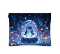 Penguin Makeup Bag, Cute Snow Globe Animal Cosmetic Travel Pouch for Kids, Portable Small Canvas Zipper Organizer, Winter Holiday Toiletry Bag, Blue, 7x9 Inch, Penguin