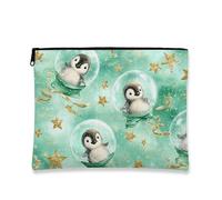 Penguin Makeup Bag, Cute Snow Globe Cosmetic Travel Pouch for Women, Portable Small Canvas Zipper Organizer, Holiday Skincare Toiletry Bag, Mint Green, 7x9 Inch, Penguins