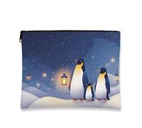 Penguin Makeup Bag, Cute Snowy Cosmetic Travel Pouch for Women, Portable Small Canvas Zipper Organizer, Holiday Skincare Toiletry Bag, Blue, 7x9 Inch, Penguins