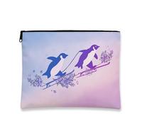 Penguin Makeup Bag, Fanciful Floral Cosmetic Travel Pouch for Women, Portable Small Canvas Zipper Organizer, Winter Skincare Toiletry Bag, Blue, 7x9 Inch, Penguin