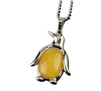 Penguin Necklace For Women Men Oval Semi-Precious Stones Gemstone Pendant Necklace Crystal Jewelry Valentine'S Day Birthday Gifts For Mom Wife Penguin Lovers Yellow Jade