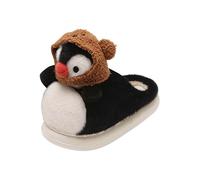 Penguin Novelty Slipper with Brown Hood, White Toe and Open Back Shape | Single black slipper with a penguin character face, brown hood detail, rounded white toe and open back design
