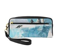 Penguin on The Iceberg Printed Leather Makeup Bags with Wrist Strap Portable Travel Toiletry Bag Cosmetic Organizer Bag for Women