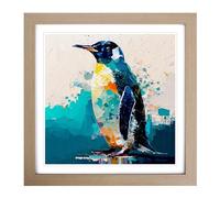 Penguin Palette Knife Painting Framed Print | 18x18 Inch Oak Framed Wall Art | Ready to Hang | Modern Historical Picture | Living Room Bedroom Lounge Office