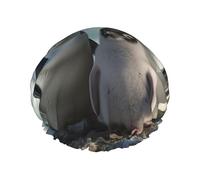 Penguin Parents and Chicks Antarctica Large Shower Cap for Women Reusable Waterproof Shower Bonnet Washable Elastic Band Bath Hair Hat Double Layered Bath Cap Extra Large for Long Hair