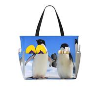 Penguin Print Large Waterproof Beach Tote Bag for Women with Zip and Pockets Foldable Handbag for Travel Pool Shopping Holiday Gym