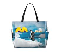 Penguin Print Large Waterproof Beach Tote Bag for Women with Zip and Pockets Foldable Handbag for Travel Pool Shopping Holiday Gym