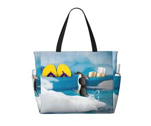 Penguin Print Large Waterproof Beach Tote Bag for Women with Zip and Pockets Foldable Handbag for Travel Pool Shopping Holiday Gym