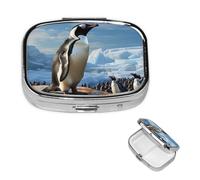 Penguin Print Pill Box 2 Compartment Medicine Pill Organizer Square Pill Case for Purse & Pocket Travel Pillbox Portable Metal Medicine Vitamin Fish Oil Organizer Unique Gift
