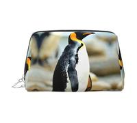 Penguin Print Premium Leather Toiletry Travel Pouch with Waterproof Portable Pouch Open Flat Makeup Bag