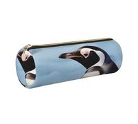 Penguin Print Printed Cylindrical Leather Pencil Case for Girls Boys, Gold Zipper Pencil Bag Pen Pouch Organizer for Student School Office College
