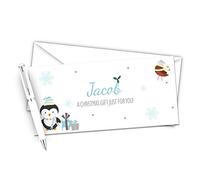 Penguin & Robin Boy's Personalised Christmas Money/Gift Wallet - Blue - Card & Envelope