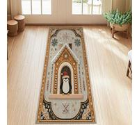 Penguin Runner Rug, Christmas Fanciful Gingerbread House Snowflakes Xmas Warm Yellow Low Pile Home Indoor Pattern Carpets Non Shedding for Kitchen Bathroom Entryway Bedside Decor 2x5 Ft