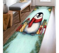 Penguin Runner Rug, Christmas Fanciful Presents Xmas Ornaments Blue Non-Slip Aesthetic Rectangle Home Floor Carpet for Kitchen Bathroom Entryway Bedside Decor 2x8 Ft