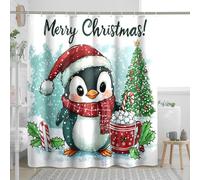 Penguin Shower Curtain, Cute Winter Holiday Penguin Shower Curtain for Bathroom Decor, Merry Christmas Festive Waterproof Fabric Shower Curtain Set with Hooks 72x78 Inch