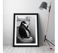 Penguin sitting on toilet looking at a phone Stunning Framed Wall Art Print Picture - A4 - Black Frame