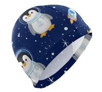 Penguin Space Rocket Swim Cap for Men Lightweight Cloth Cap for Pool Bathing Swimming Hat One SizeBlue