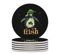 Penguin St Patricks Day Irish Round Ceramic Coasters Non-Slip Cork Base Drinks Holder Craft 6PCS
