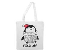 Penguin Style 2 Whimsical Character - Fuck Off Rude Adult Swearing Statement tote style shopping bag - white