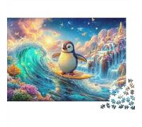 Penguin Surfing on A Magical Wave 1000Pc Jigsaw Puzzle Cute Penguin Premium Quality, Great for Adults & Kids 70x50cm/1000pcs