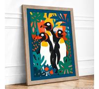 Penguin Trio Tropical Framed Wall Art Print A3 (42×29.7cm) Oak, Wall Decor for Living Room, Bedroom, Office & Home, Ready to Hang, Art Gift