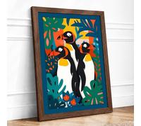 Penguin Trio Tropical Framed Wall Art Print A3 (42×29.7cm) Walnut, Wall Decor for Living Room, Bedroom, Office & Home, Ready to Hang, Art Gift