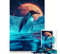Penguin Under A Red Moon Jigsaw Puzzles 1000 Pieces for Adults Logic Sense Toy Leisure Time Smooth Edge Seasonal Gift (38x26cm)