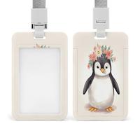 Penguin Wearing Flowers Badge Holders with Push-Pull Slot&Lanyard Waterproof Plastic Vertical Work ID Card Holder Portable Travel Document Protector Detachable Card Protector