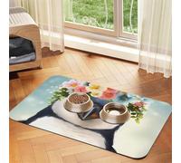 Penguin Wearing Flowers Dog Food Mat, Absorbent Pet Feeding Mat for Food and Water Bowls Non-Slip Placement Pad for Floors Waterproof Quick Dry Water Dispenser Mat for Dogs Puppy Cats 16x24 Inch