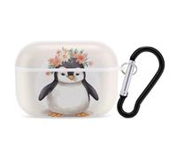 Penguin Wearing Flowers for Airpod Pro Case Cover Hard Shell Full Drop Protection Cover with Keychain Compatible with AirPod Pro 2nd/1st Generation, Front LED Visible,White