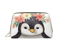 Penguin Wearing Flowers Makeup Bag for Women Cosmetic Bags Leather Travel Makeup Case Organizer Waterproof Make up Pouch Open Flat Toiletry Bag Portable Storage Pouch for Travelling, Gold, One Size