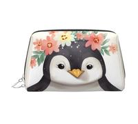 Penguin Wearing Flowers Makeup Bag for Women Cosmetic Bags Leather Travel Makeup Case Organizer Waterproof Make up Pouch Open Flat Toiletry Bag Portable Storage Pouch for Travelling, Silver, One Size